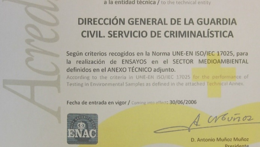 30 de junio de 2006. Concesión de la primera acreditación al Servicio de Criminalística en el ámbito medioambiental